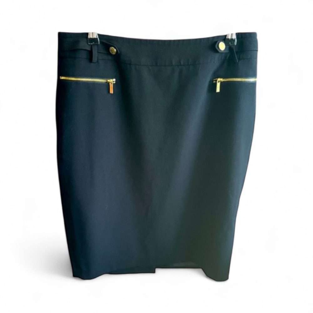Calvin Klein Women’s Size 10 Black Pencil MIDI Skirt with Gold Zippers Classy
